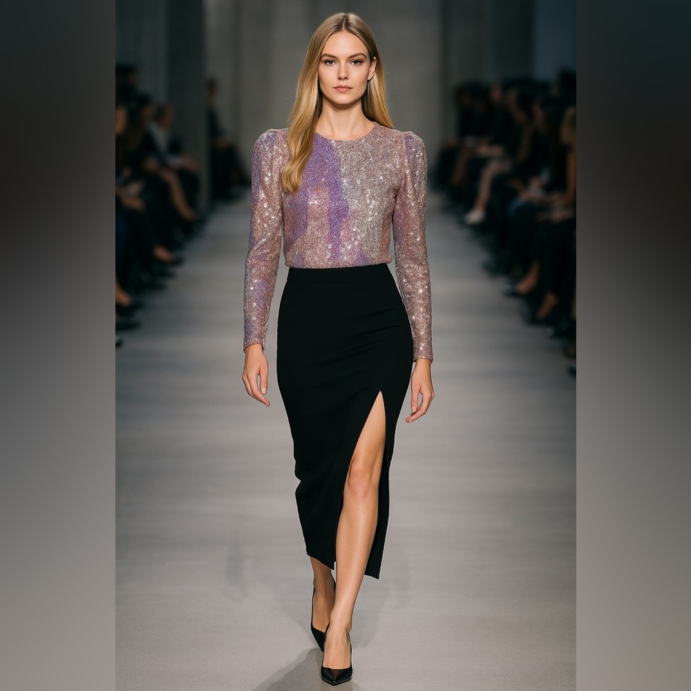 SWL - Sally LaPointe Silver and Pink Sequin Blouse